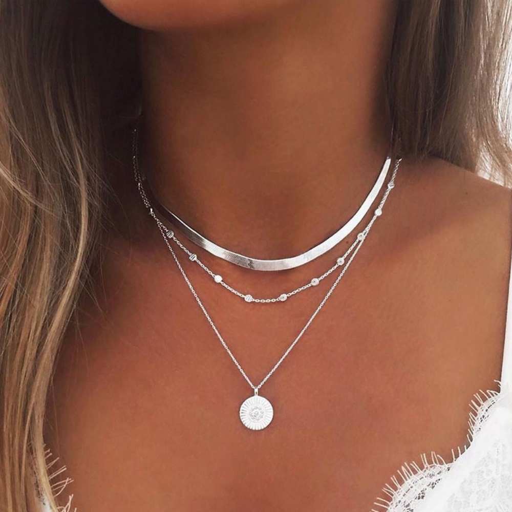 Silver Pendant Snake Chain Layered Beaded Necklace